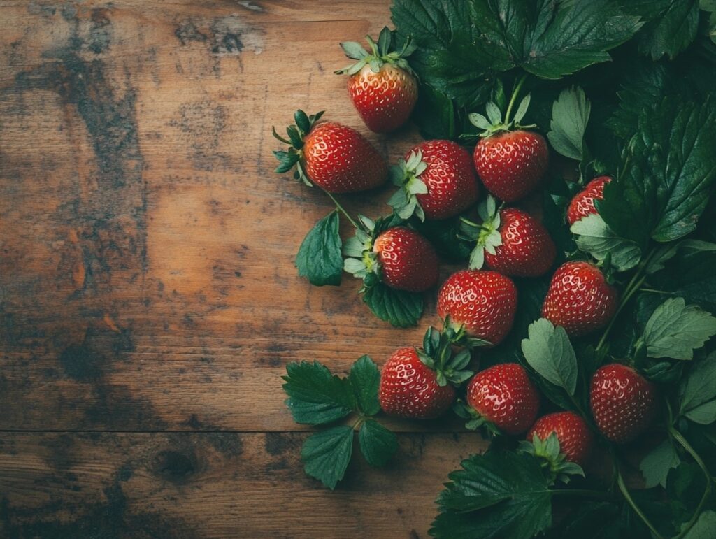 Fresh, ripe strawberries with green leaves.