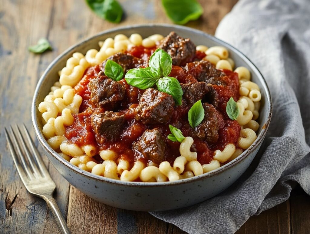 A bowl of freshly made Beefaroni with macaroni pasta, beef, and rich tomato sauce