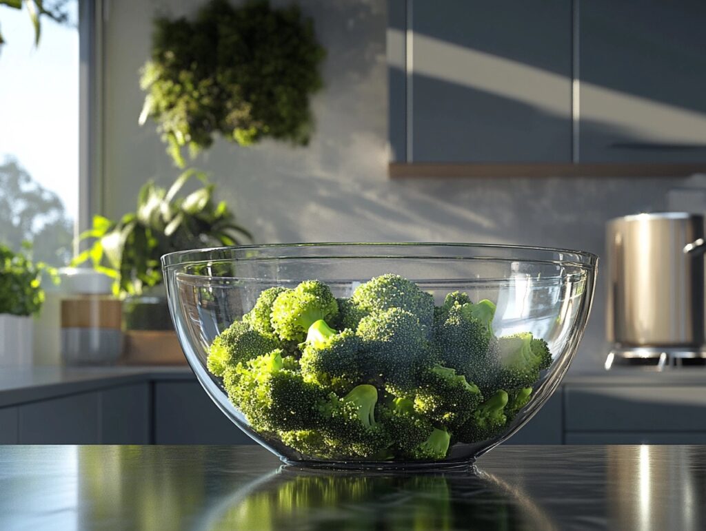 Steamed broccoli in a glass bowl