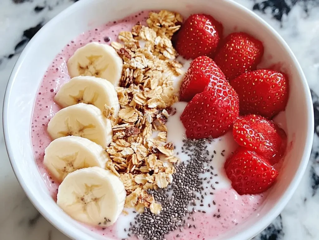 A smoothie bowl with bananas, strawberries, chia seeds, and granola