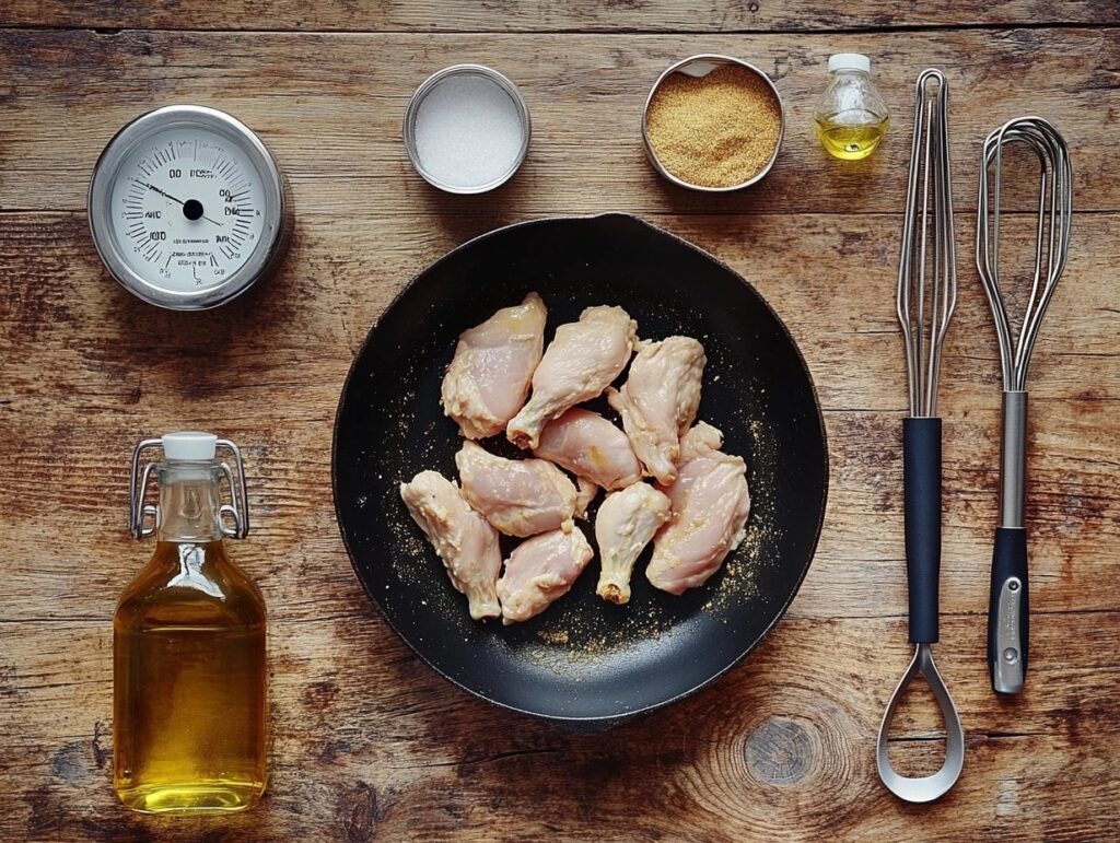 Tools and ingredients for frying chicken fries, including raw fries, a skillet, cooking oil, and tongs on a wooden countertop