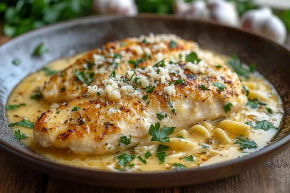 A plate of Garlic Parmesan Chicken Pasta garnished with fresh parsley and grated Parmesan cheese, served on a rustic wooden table
