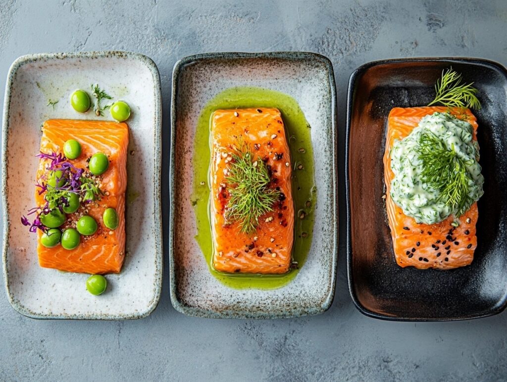 Asian, Mediterranean, and Nordic salmon pairings with edamame, tzatziki, and rye bread.