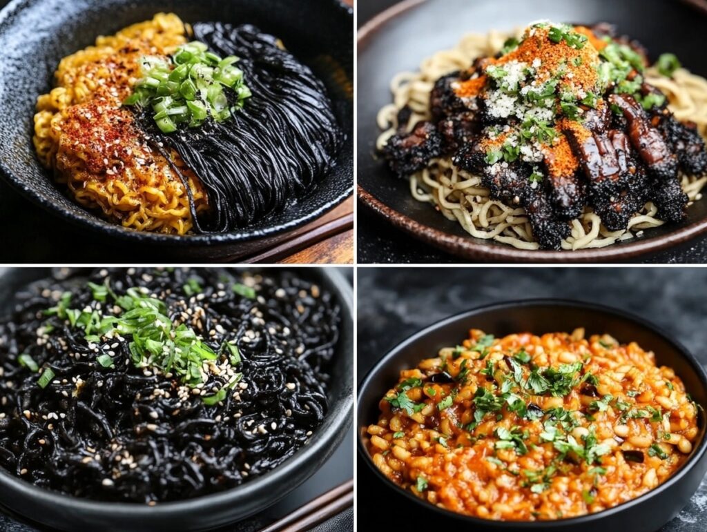 Collage of black-themed dishes: black garlic ramen, squid ink risotto, and black bean enchiladas