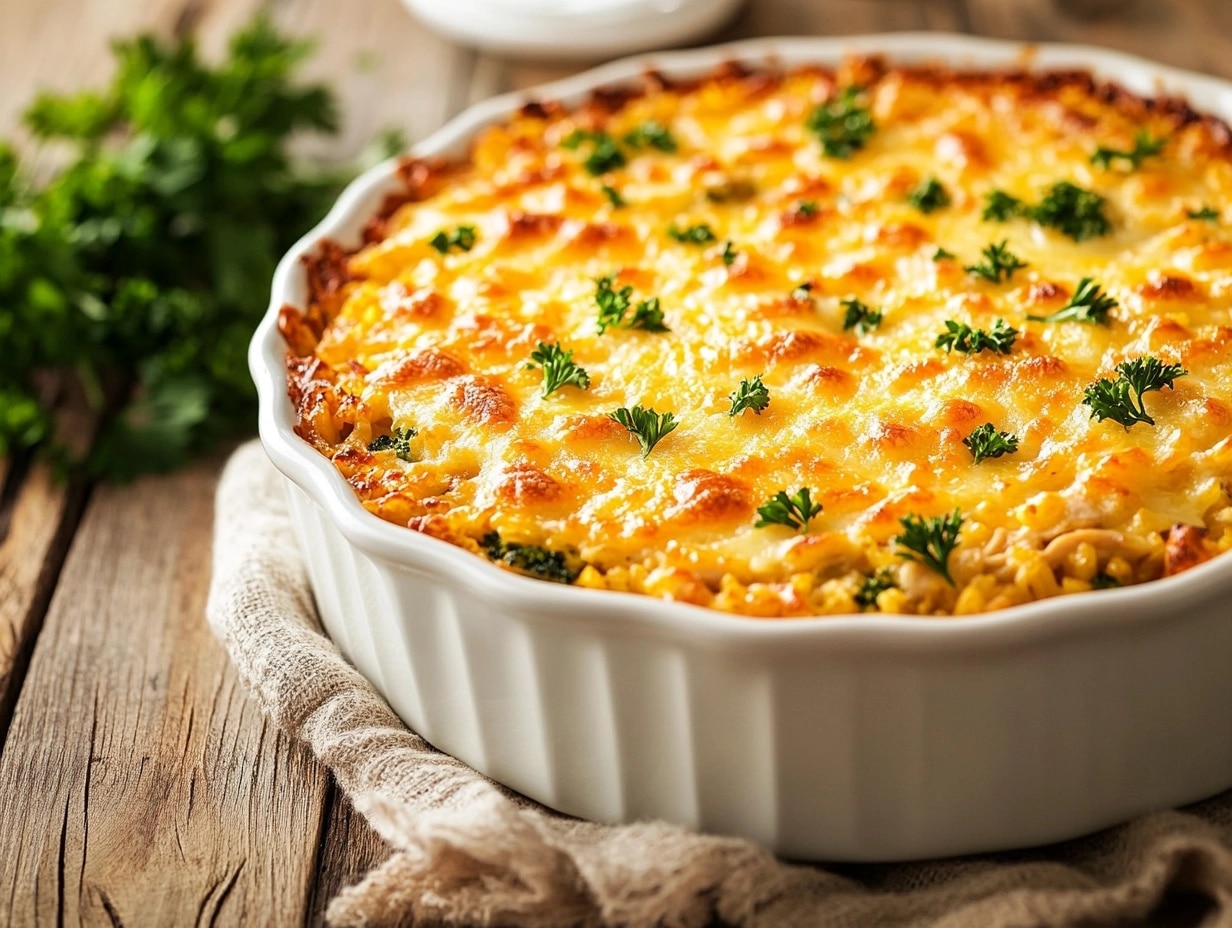 The ultimate chicken broccoli rice casserole, fresh out of the oven—golden, creamy, and irresistible