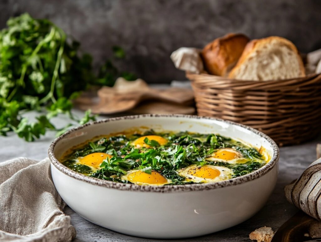 Green shakshuka with poached eggs in a spinach and kale base, served in a white bowl