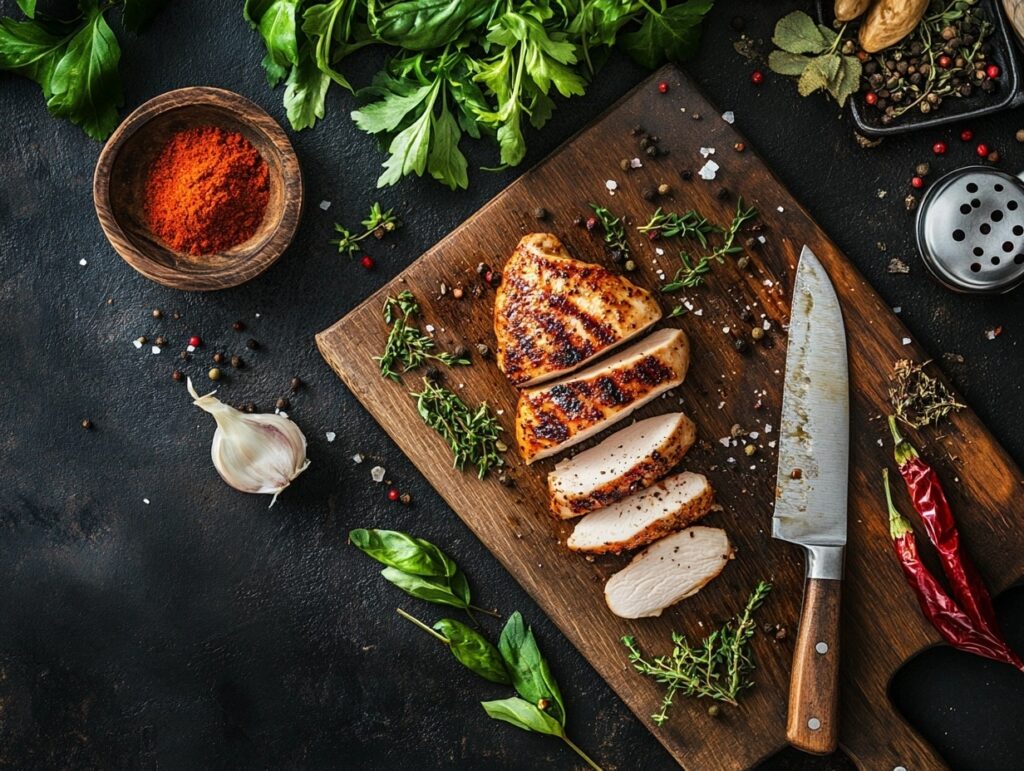 Grilled chicken breast on a wooden cutting board