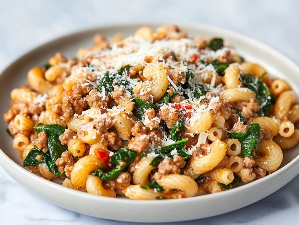 A plate of beefaroni made with whole-grain pasta, spinach, and turkey, topped with Parmesan cheese for a healthier twis