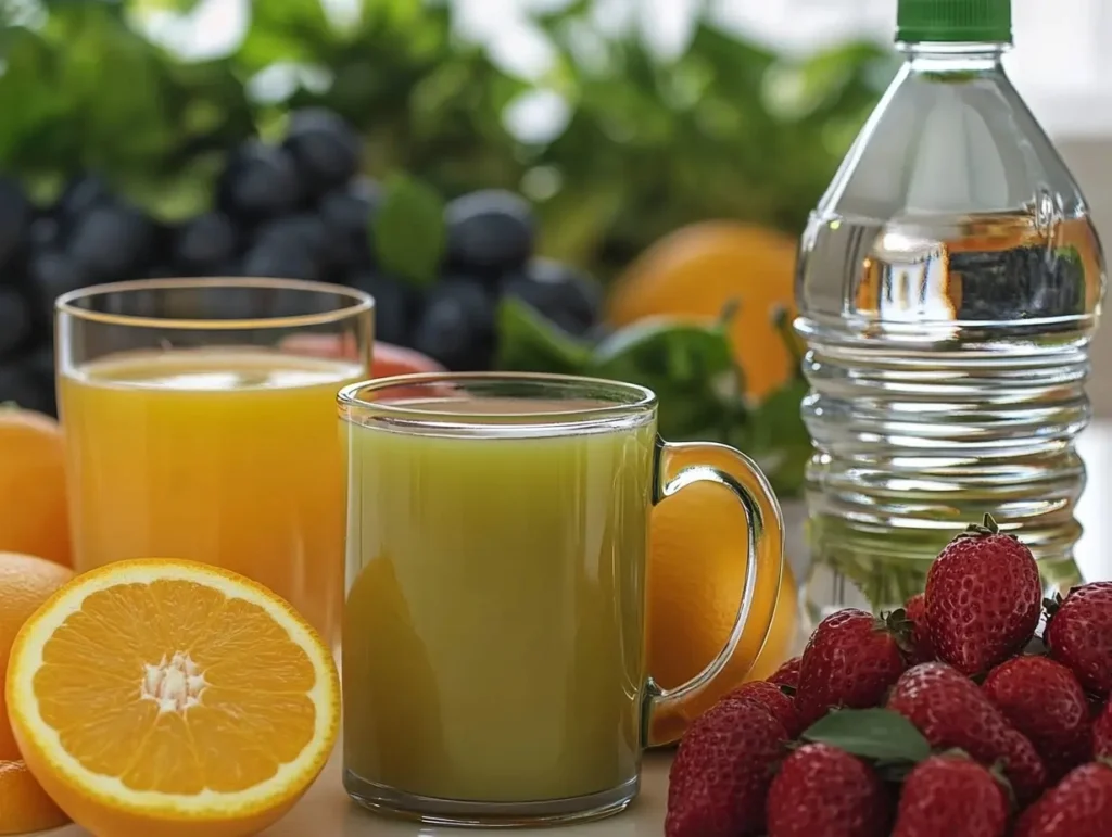 Green tea, orange juice, and water on a kitchen counter