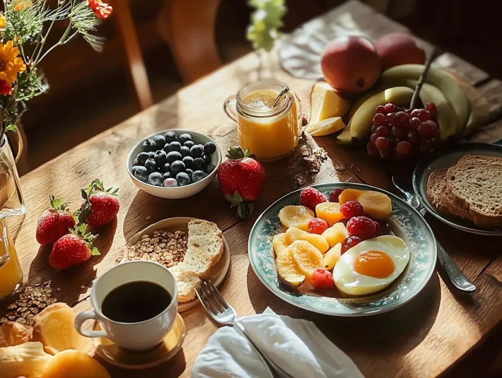 A breakfast table with whole grains, fruits, eggs, and coffee.