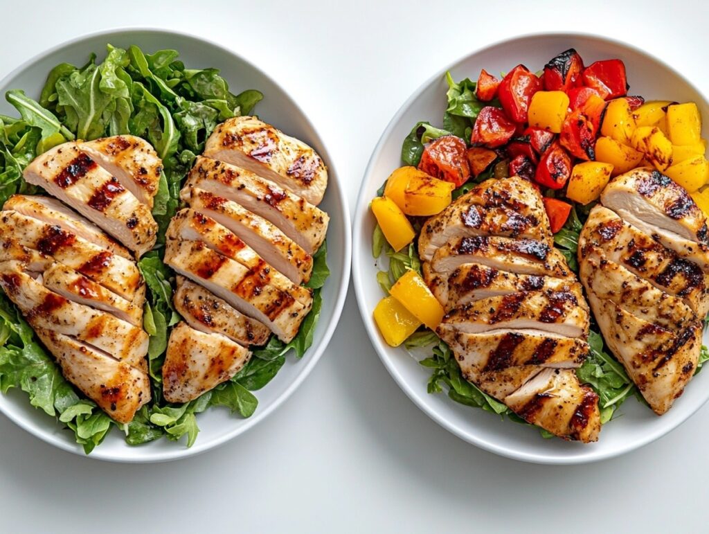 A comparison of grilled chicken breast, baked chicken, and steamed chicken on plates with colorful salad garnishes