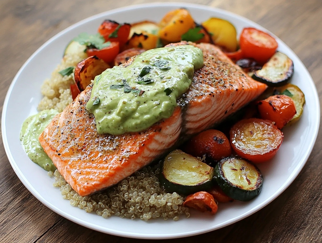 Plated salmon fillet served with roasted vegetables, quinoa, and avocado dressing