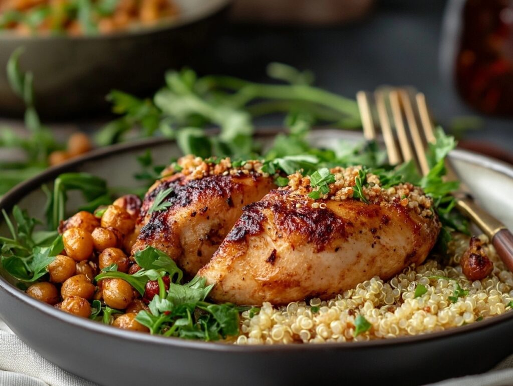 Marry Me Chicken served with quinoa and roasted chickpeas on a dinner table