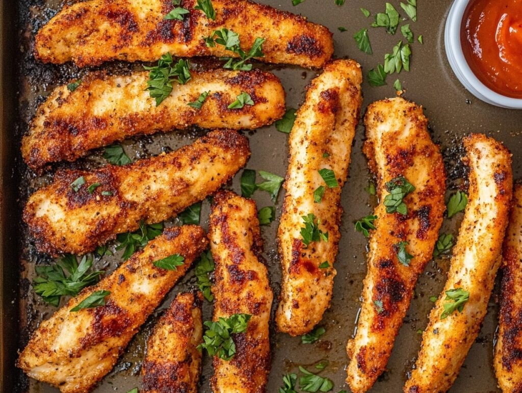 Homemade chicken fries served with dipping sauce