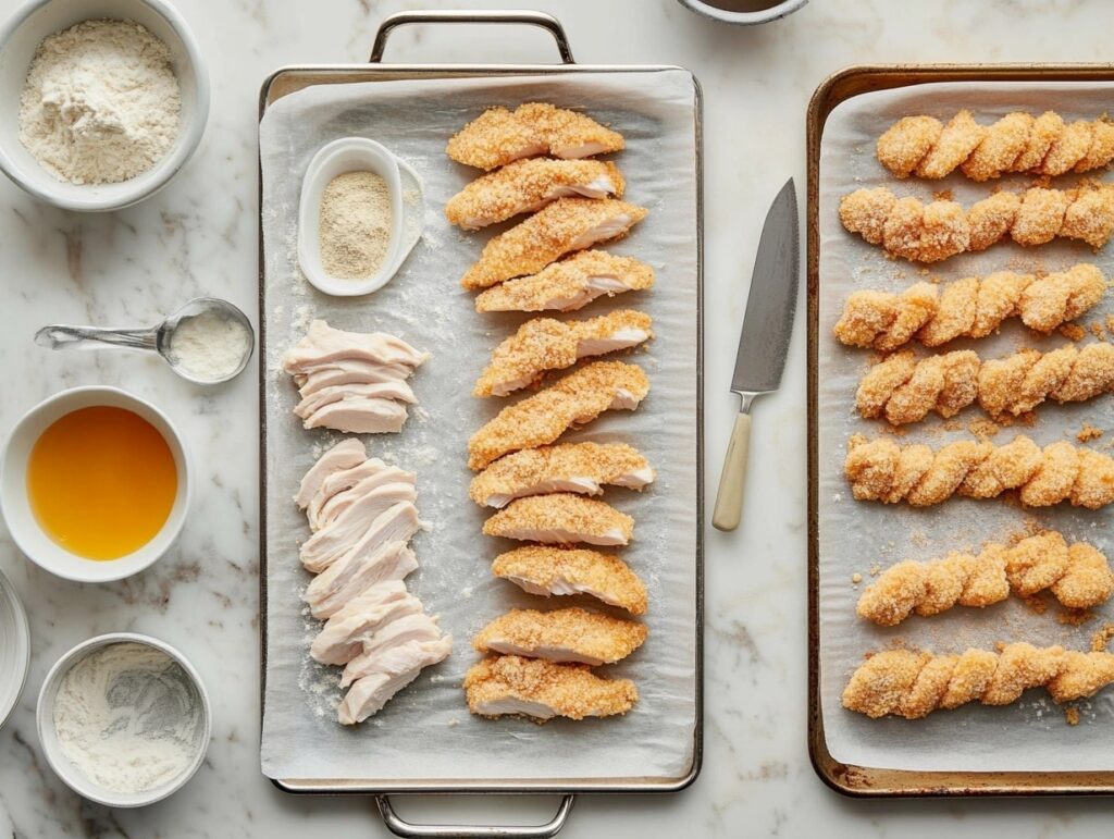 The process of making chicken fries at home, showing shaping, breading, and baking steps.