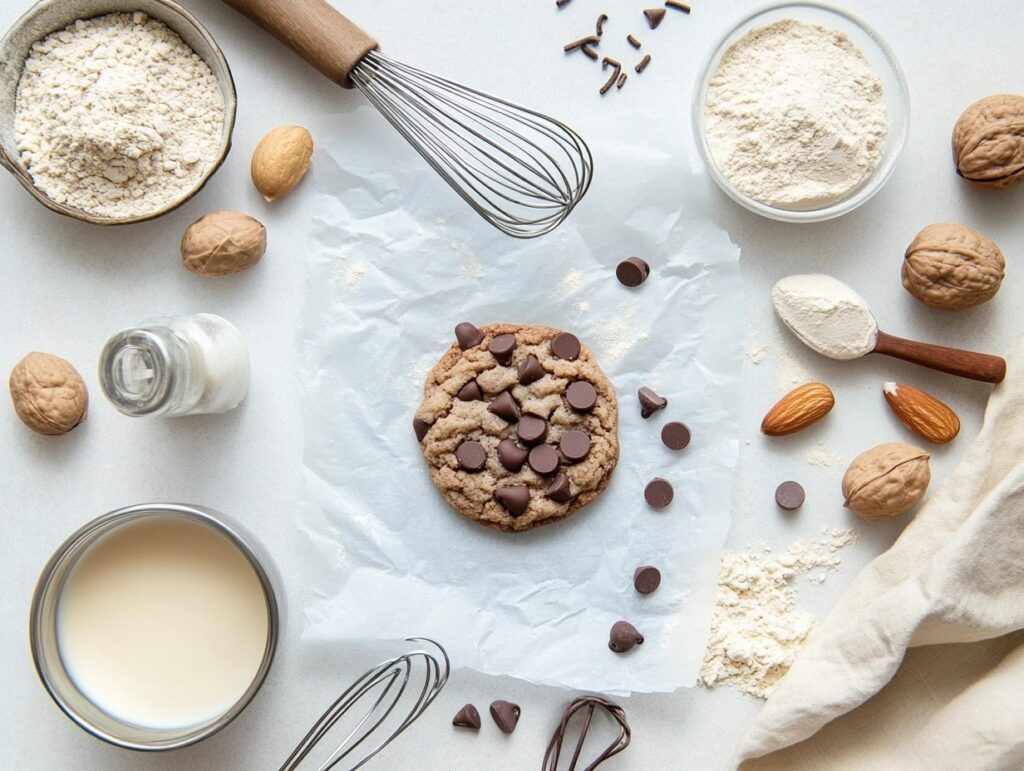 Freshly baked vegan chocolate chip cookies on parchment paper with baking tools and ingredients around them.