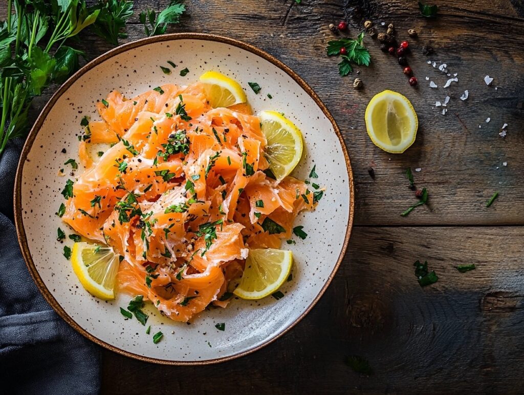 Plated shredded salmon garnished with fresh herbs and lemon slices