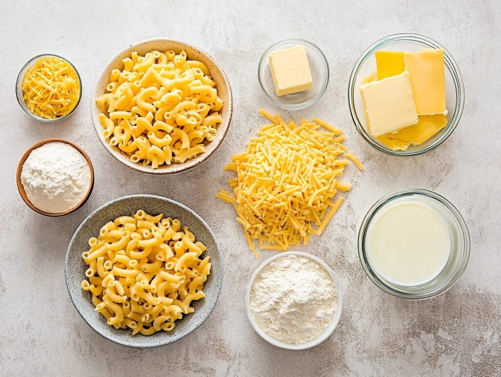 Ingredients for old fashioned baked macaroni and cheese including pasta, cheese, milk, butter, and flour.