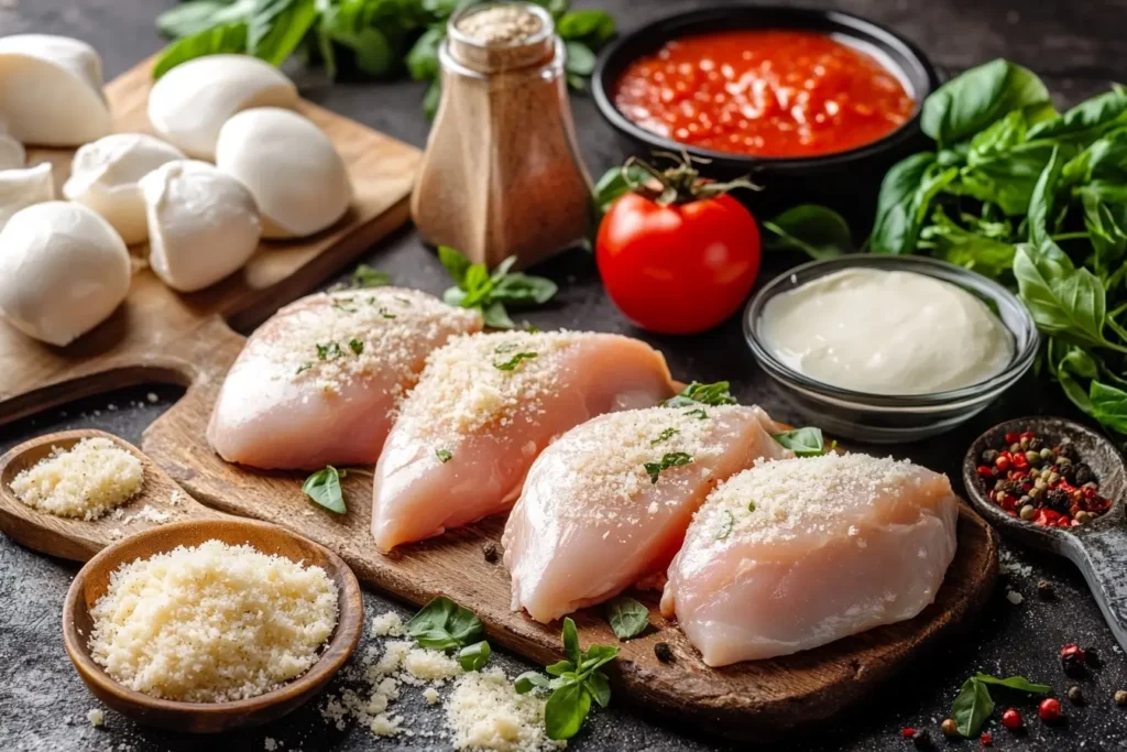 Chicken Parmigiana ingredients displayed on a kitchen counter.