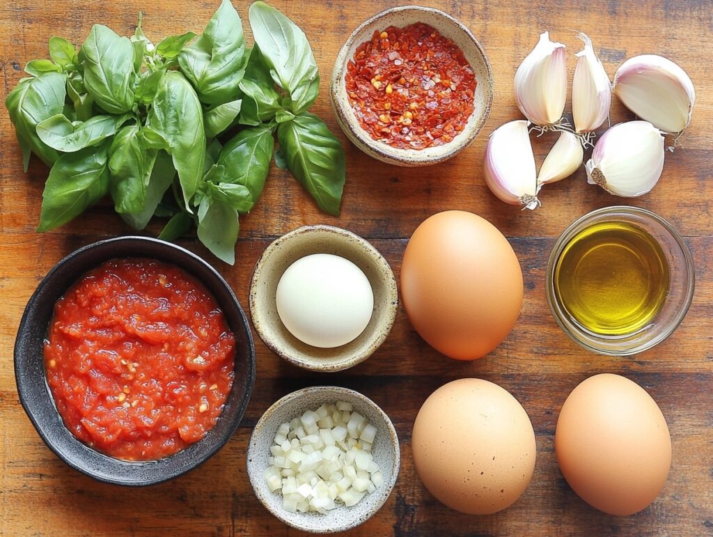 A flat lay of fresh ingredients for making Eggs in Purgatory, including eggs and tomatoes.