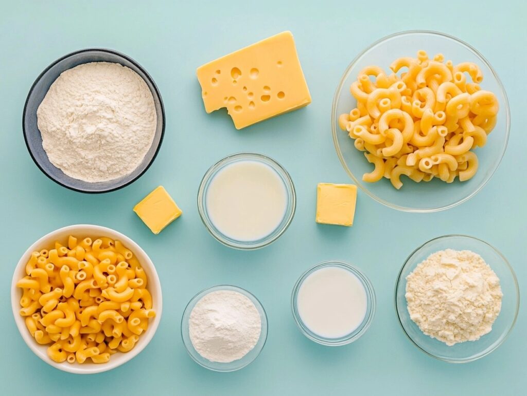 Key ingredients for mac and cheese, including macaroni, cheddar, butter, and milk, on a kitchen counter