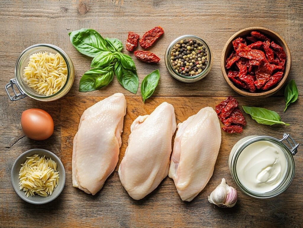 Flat lay of ingredients for Marry Me Chicken Orzo on a wooden table.