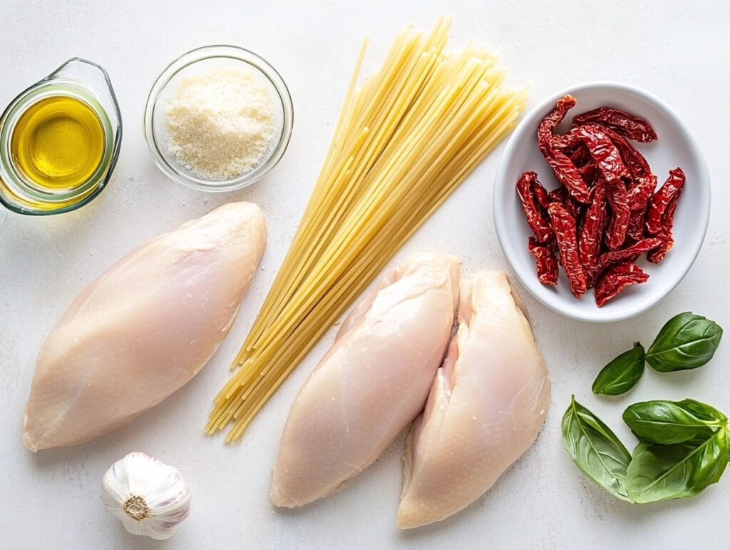 Fresh ingredients for Marry Me Chicken Pasta, including chicken, cream, and basil.