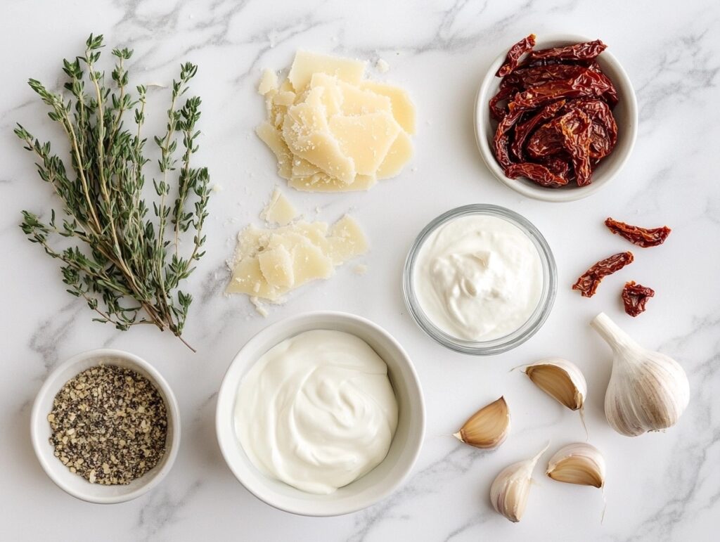 Ingredients for Marry Me Chicken sauce, including heavy cream, Parmesan cheese, and sun-dried tomatoes.