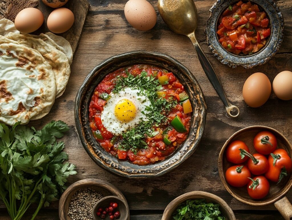 Ingredients for traditional shakshuka, including tomatoes, peppers, eggs, and spices, laid out on a rustic table