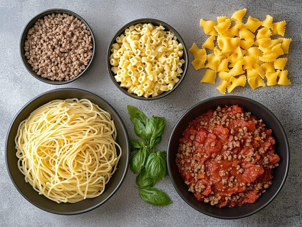 Flat lay of ingredients for spaghetti and beefaroni, showing their unique components