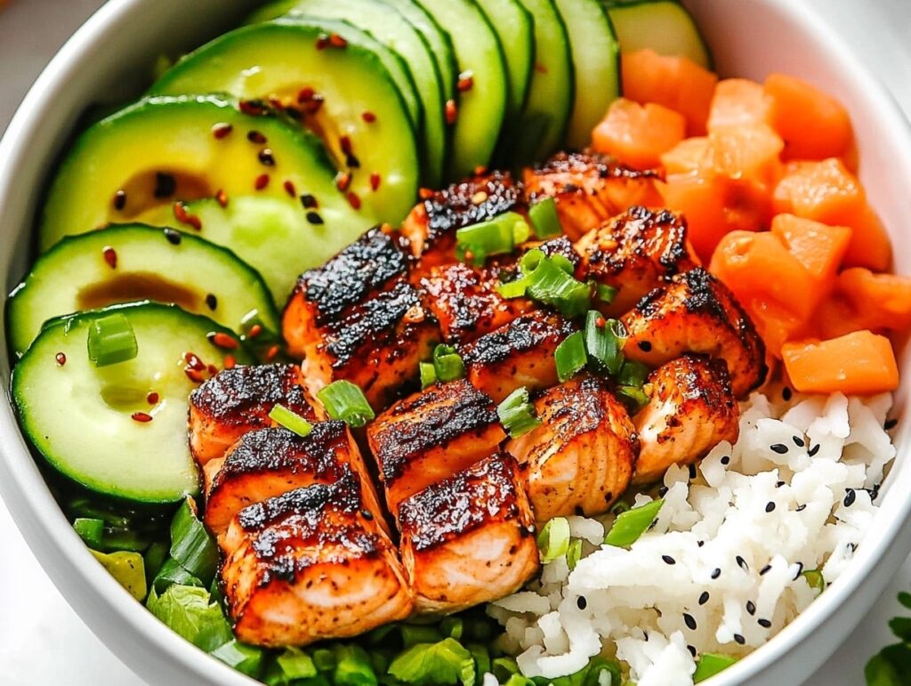 A low-carb salmon bowl with zucchini noodles and avocado