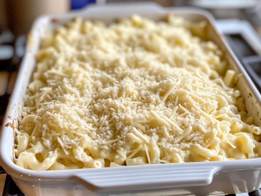 Unbaked macaroni and cheese topped with breadcrumbs and shredded cheese in a baking dish.