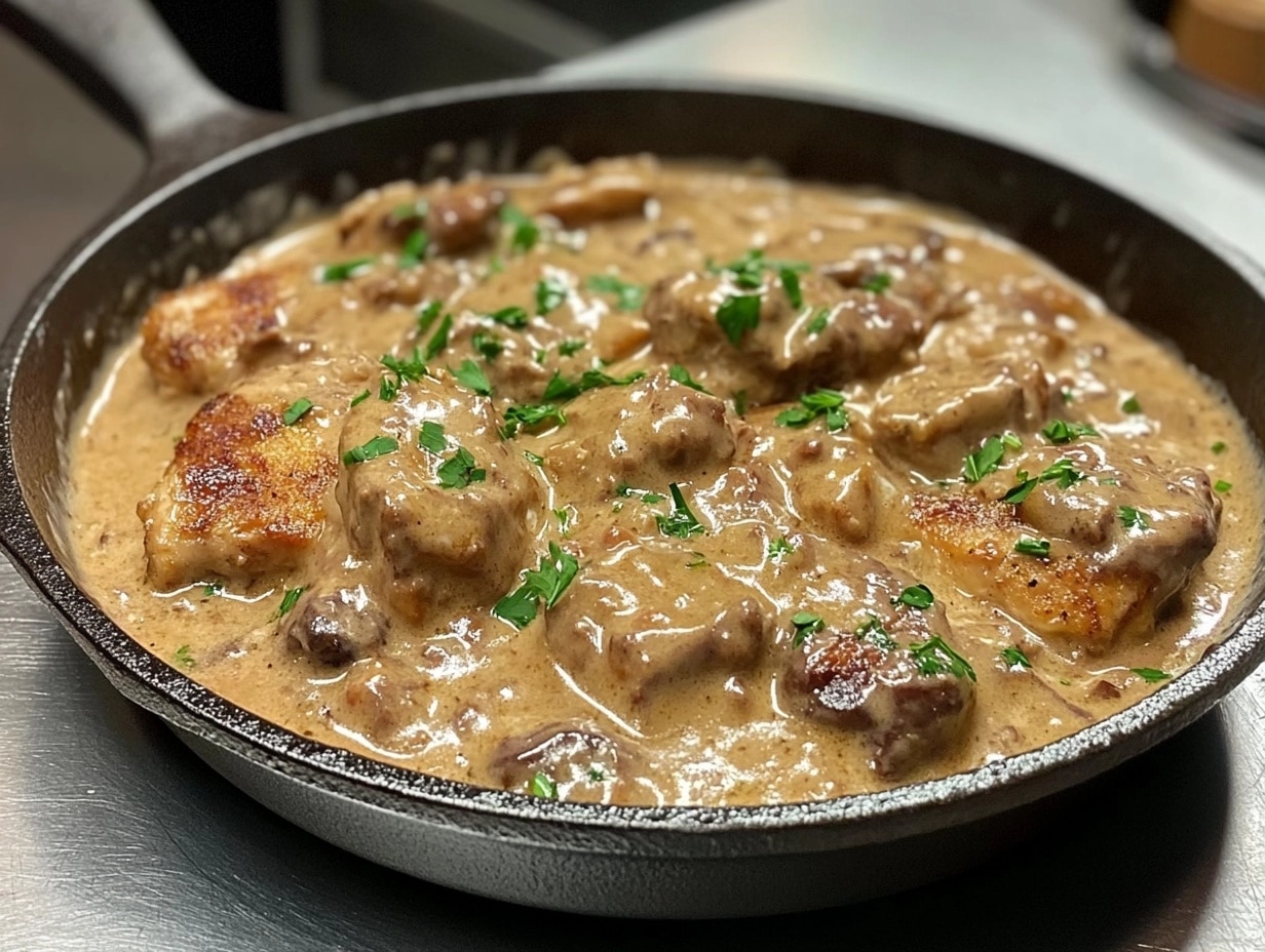 A creamy Marry Me Chicken dish served in a skillet with thickened sauce.