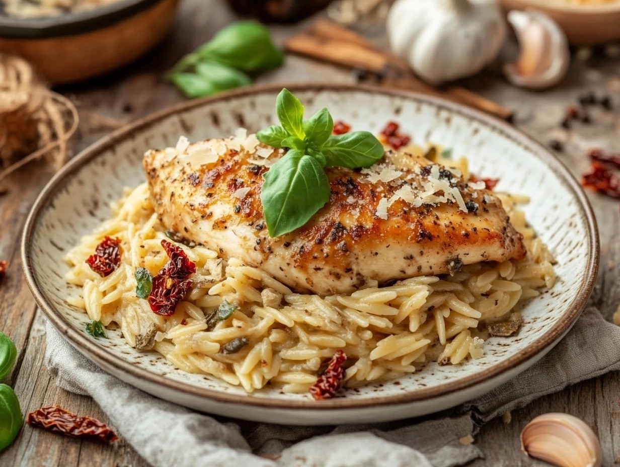 Plated Marry Me Chicken Orzo garnished with basil and Parmesan.