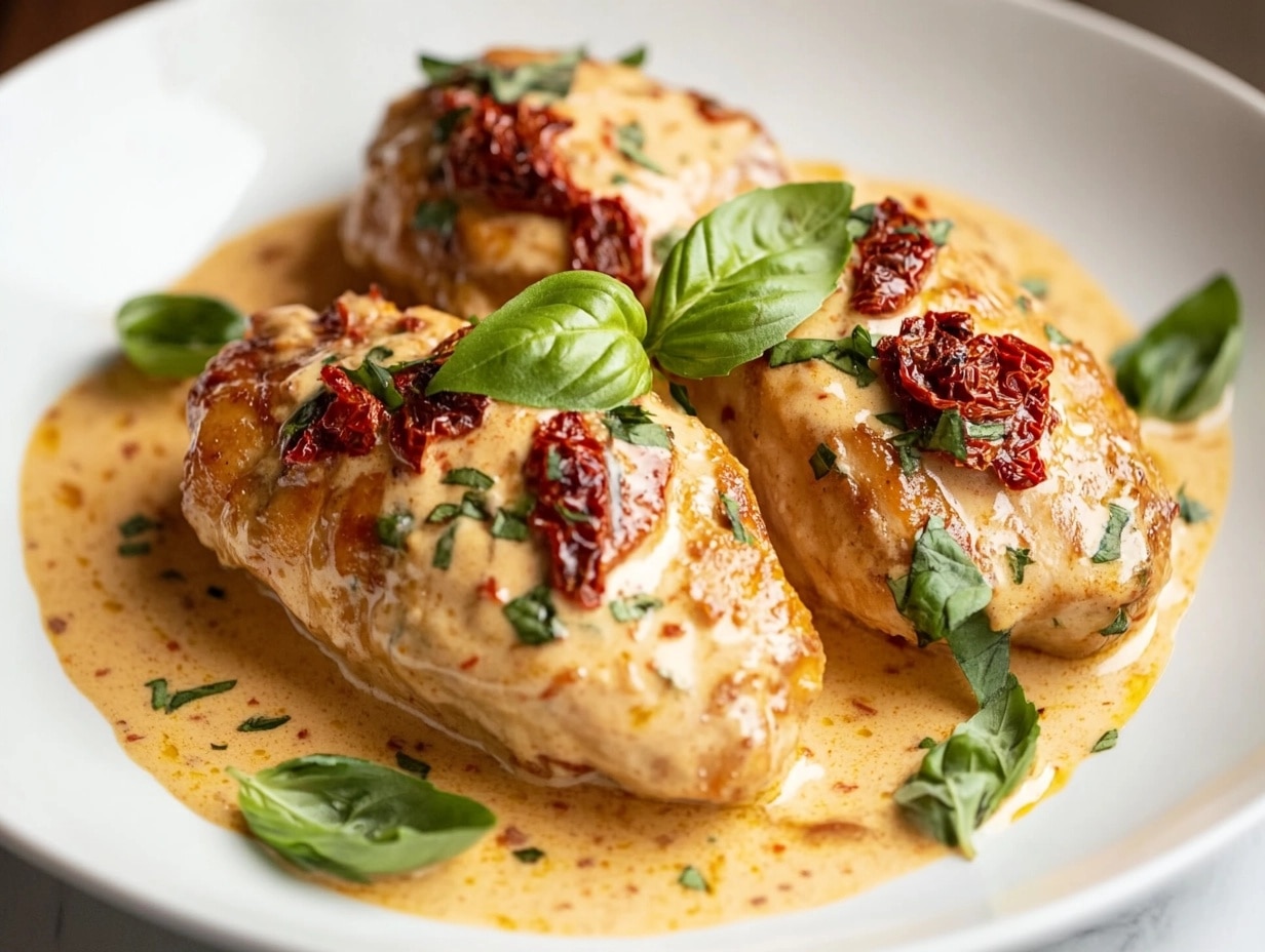 A plated dish of Marry Me Chicken with creamy sauce and fresh basil.