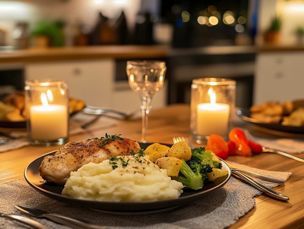 A dinner table set with Marry Me Chicken served alongside mashed potatoes and steamed vegetables