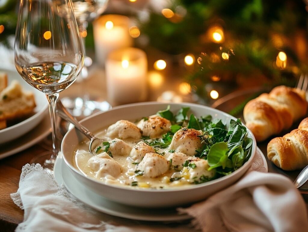 Marry Me Chicken Soup with garlic knots and salad on a dining table