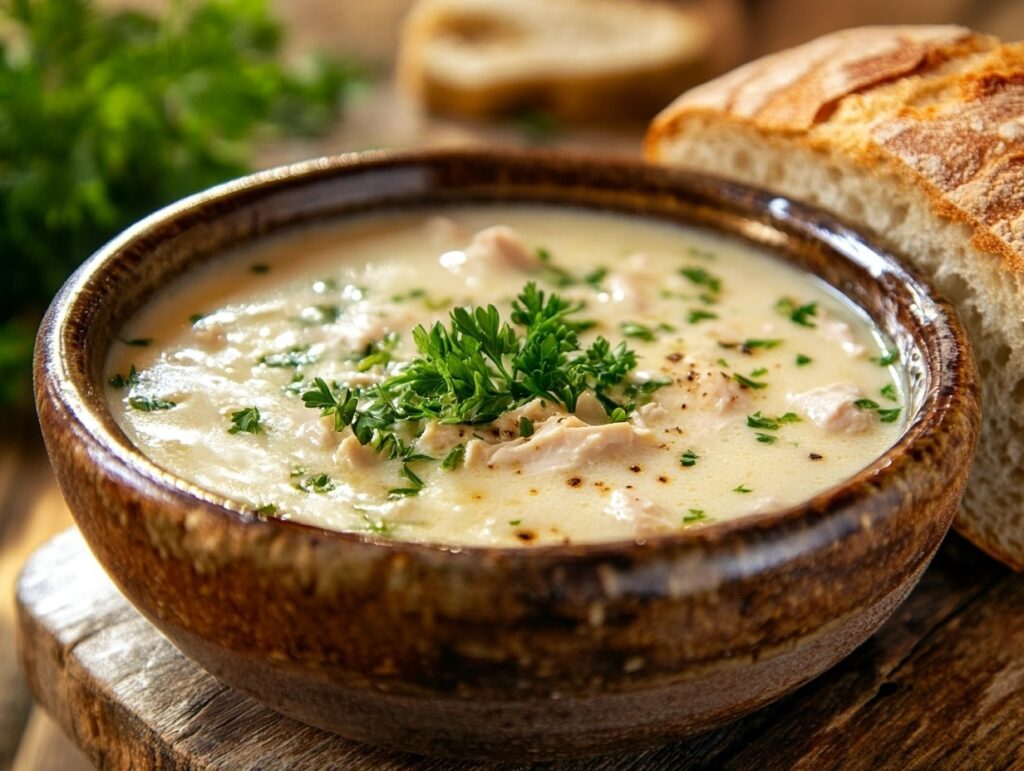 A creamy bowl of Marry Me Chicken Soup garnished with parsley.