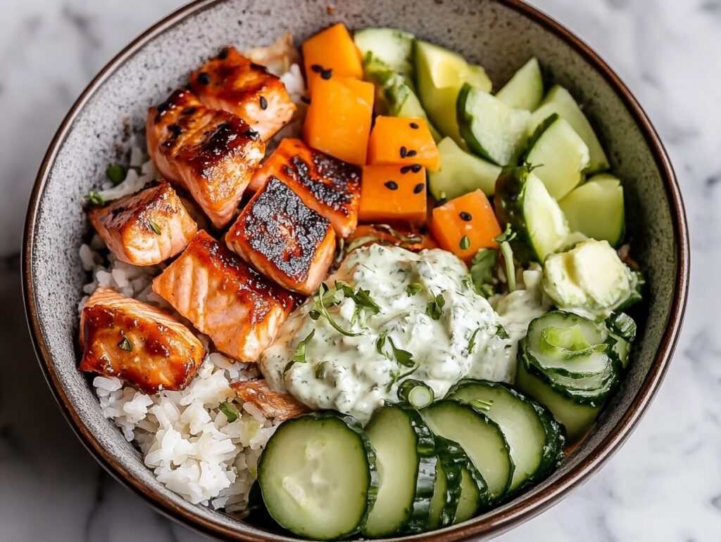  A salmon bowl with quinoa, cherry tomatoes, and tzatziki sauce