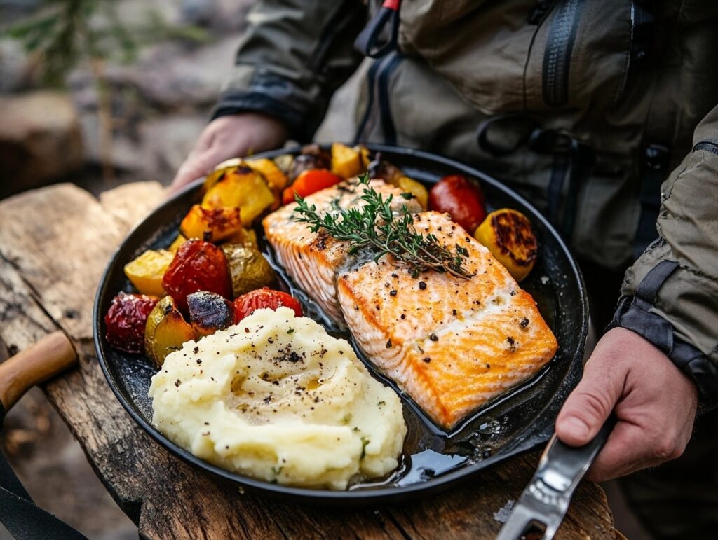 Milk-soaked salmon served with roasted vegetables and mashed potatoes