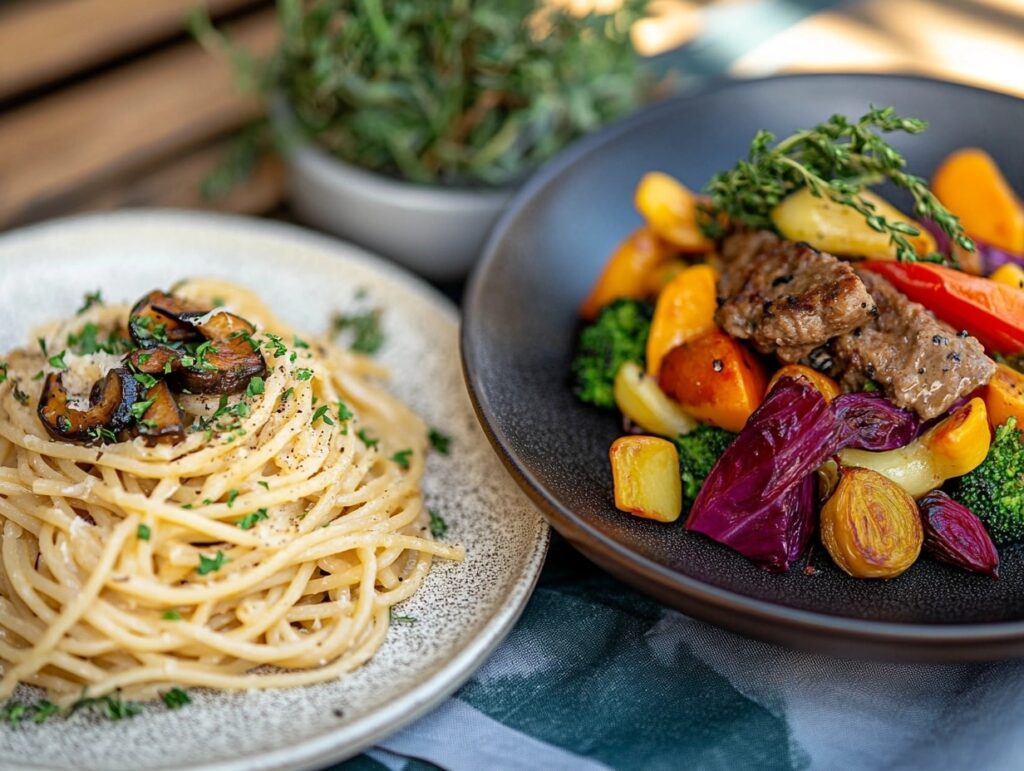 Gourmet spaghetti with truffle and modern beefaroni with vegetables