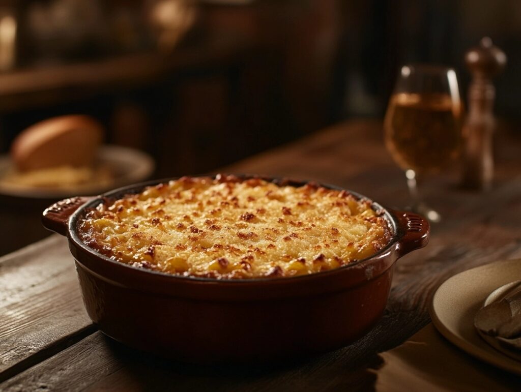 A dish of old fashioned baked macaroni and cheese with a golden crust on a wooden table.