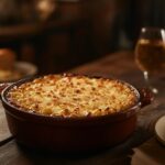 A dish of old fashioned baked macaroni and cheese with a golden crust on a wooden table.