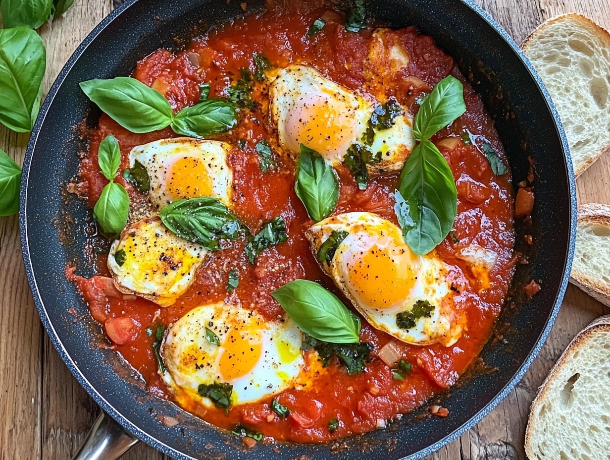 A skillet of Eggs in Purgatory with poached eggs in tomato sauce garnished with basil leaves.