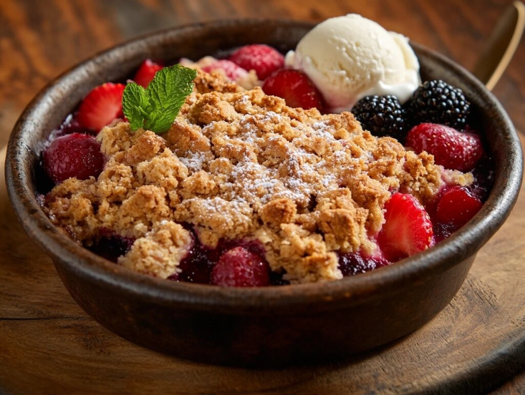 A close-up of a fruit crumble dessert with a golden cookie topping, served with fresh berries and vanilla ice cream