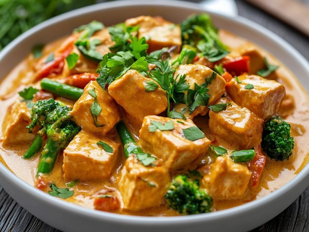 Tofu-based alternative to Marry Me Chicken served with fresh vegetables