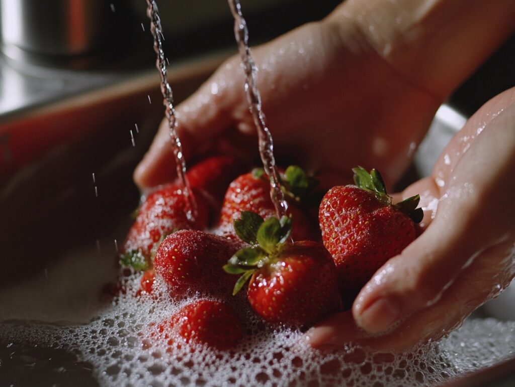 Hands washing fresh strawberries under water.