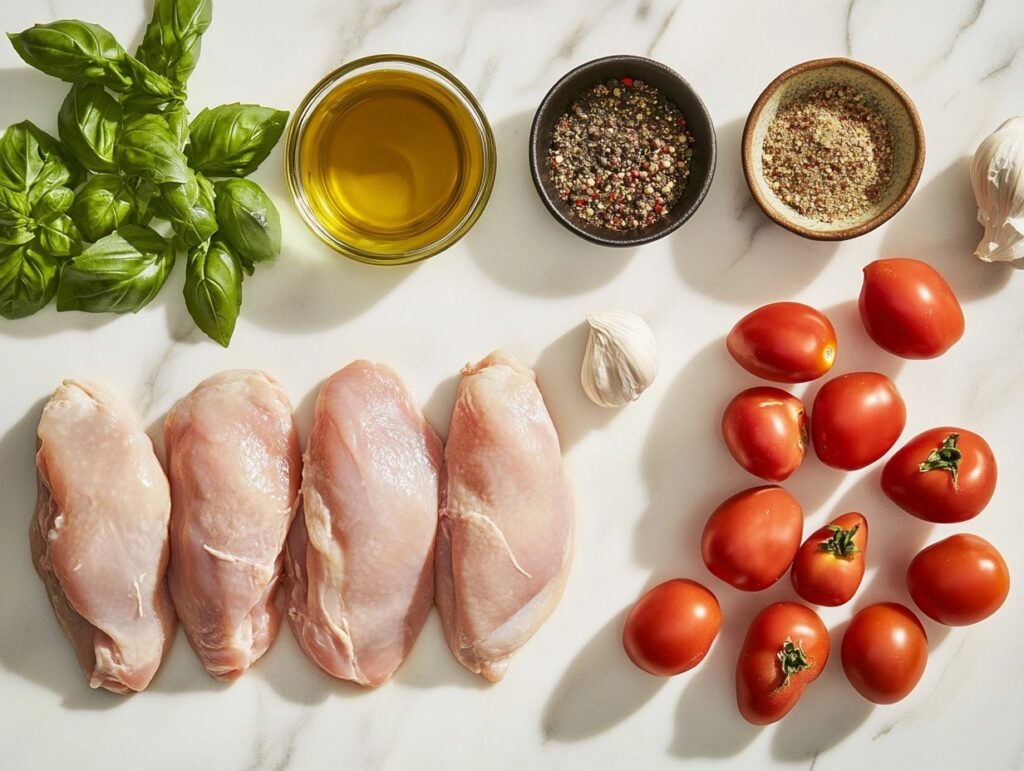 Fresh ingredients for Godfather Chicken, including raw chicken breasts, fresh basil, garlic cloves, tomatoes, and olive oil, neatly arranged on a kitchen counter