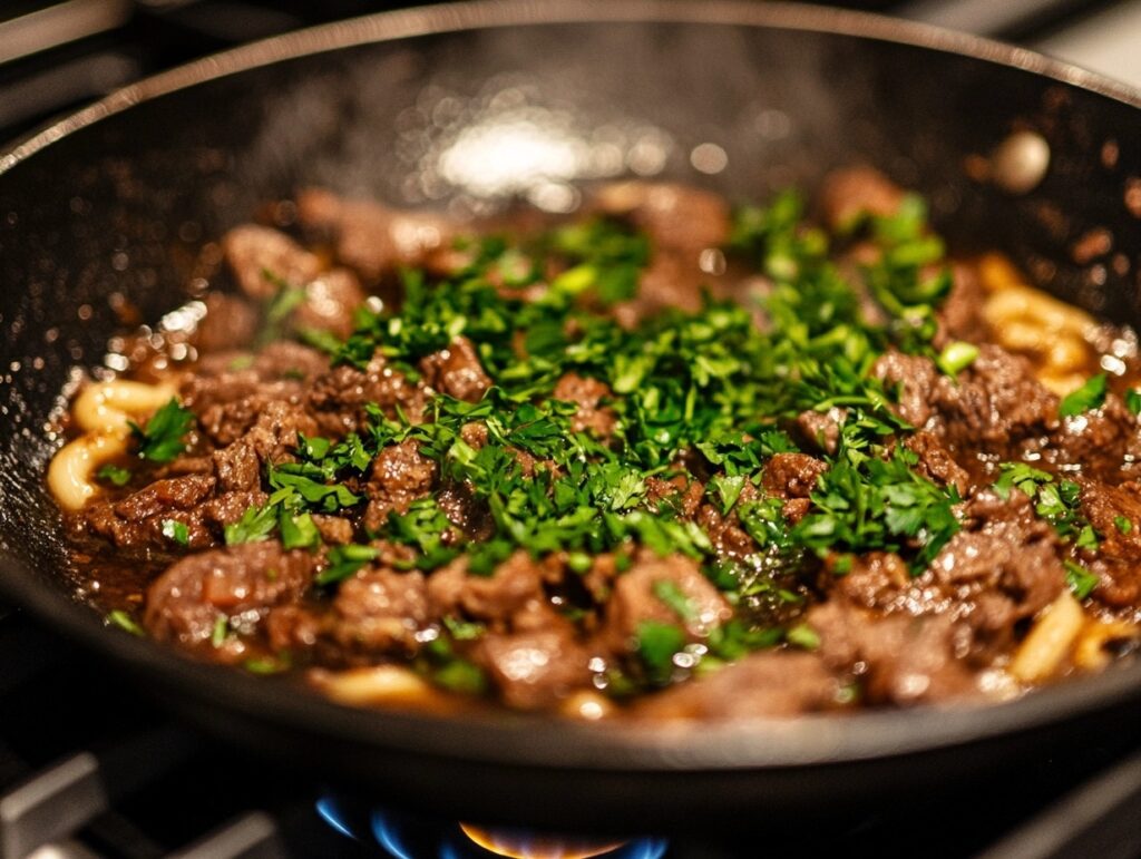 A skillet of beefaroni on a stovetop with fresh parsley, showing how to keep it moist while reheating.