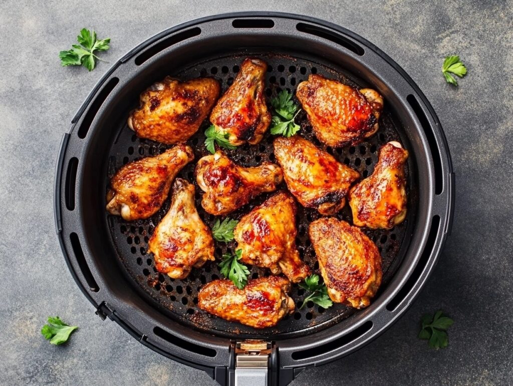 Crispy fried chicken inside an air fryer basket with the temperature set to 375°F.